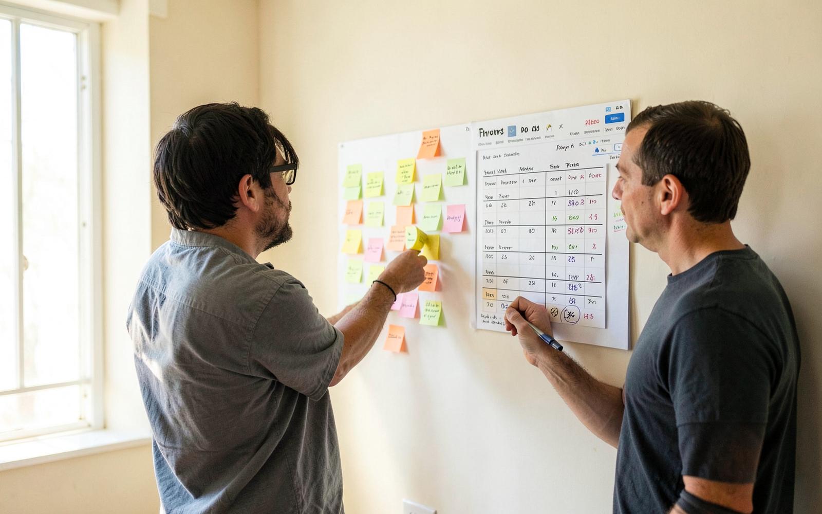 Colleagues discussing a project plan displayed on a wall of notes