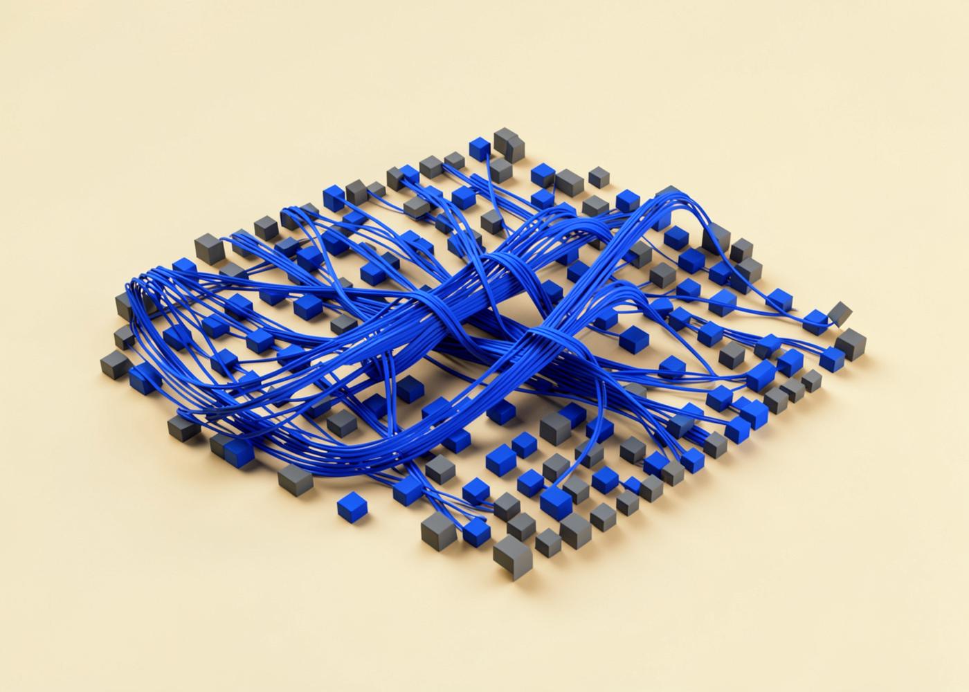 Cables converging over a grid of cubes, representing integrated data sources