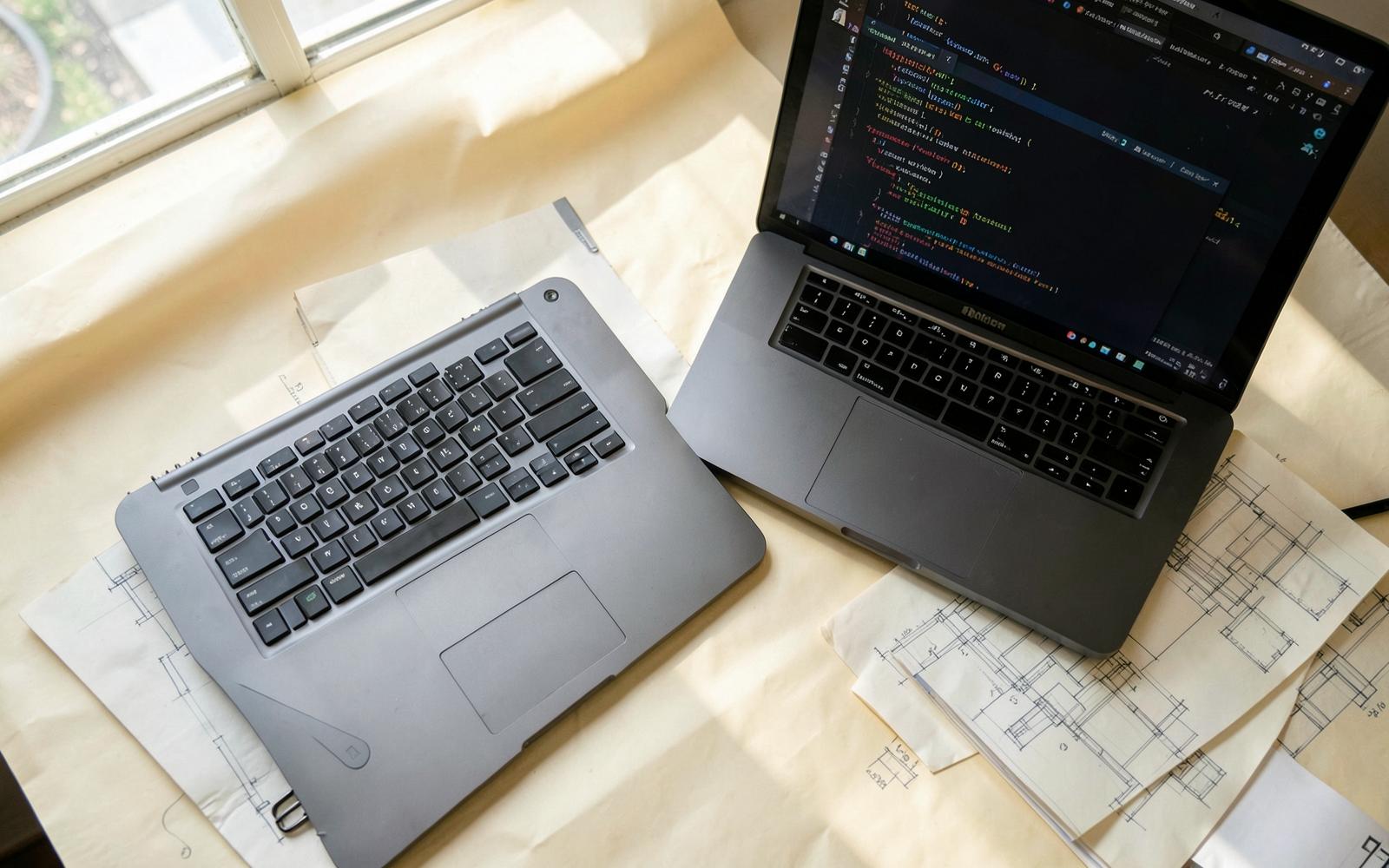 Laptop displaying source code beside printed technical drawings on a desk